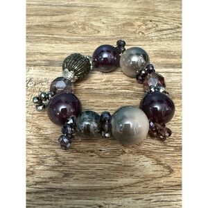 VTG Purple Stretchy Beaded Bracelet‎ Bohemian Chunky Faceted Silver Tone Unique